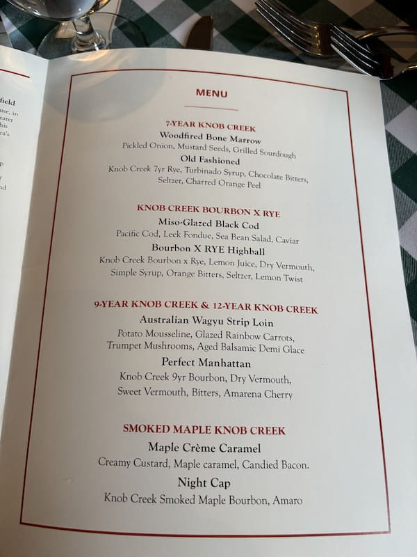 Knob Creek Bourbon Dinner Menu